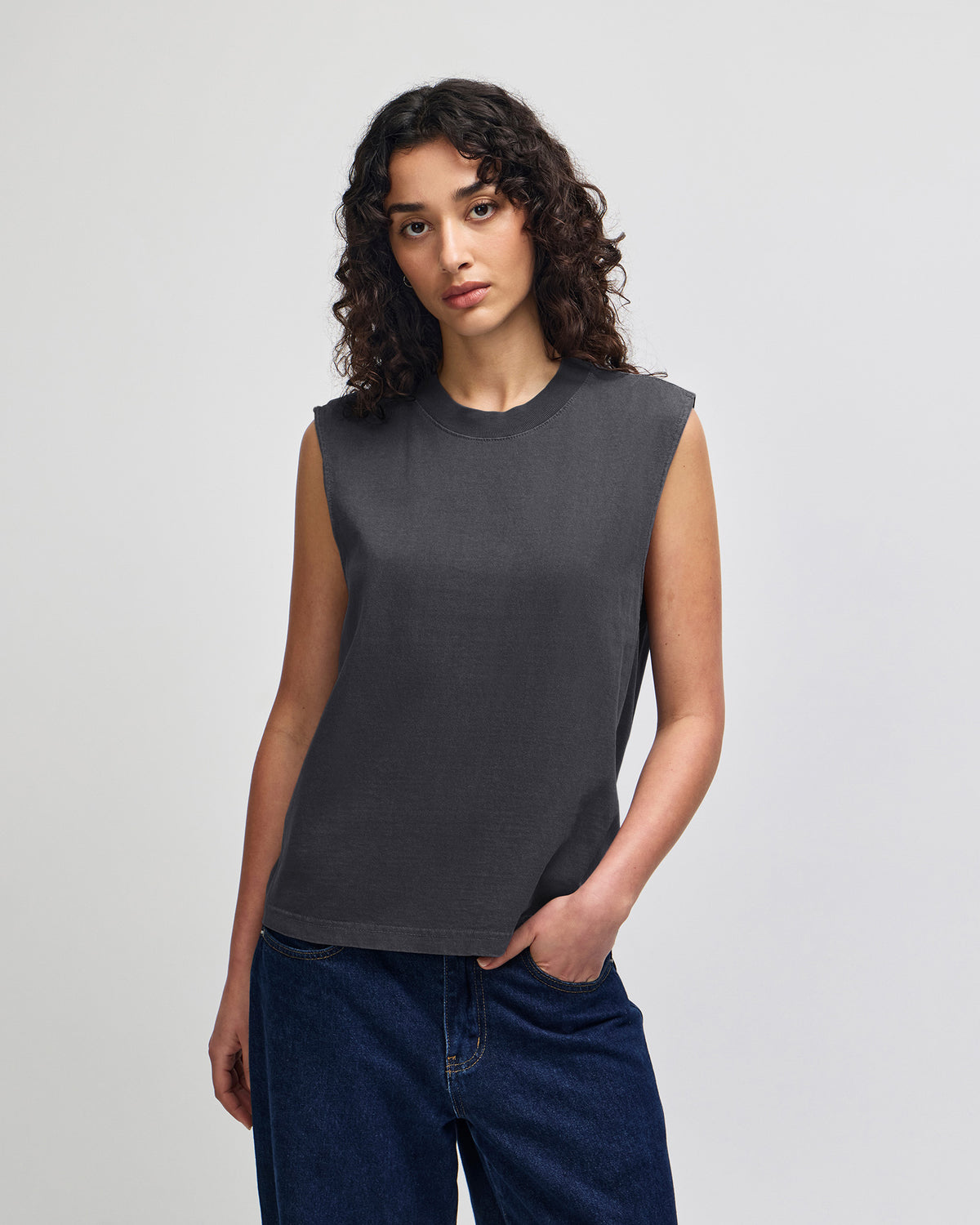 American Apparel Heavyweight Cotton Unisex Garment Dyed Boxy Muscle T-Shirt - Faded Black