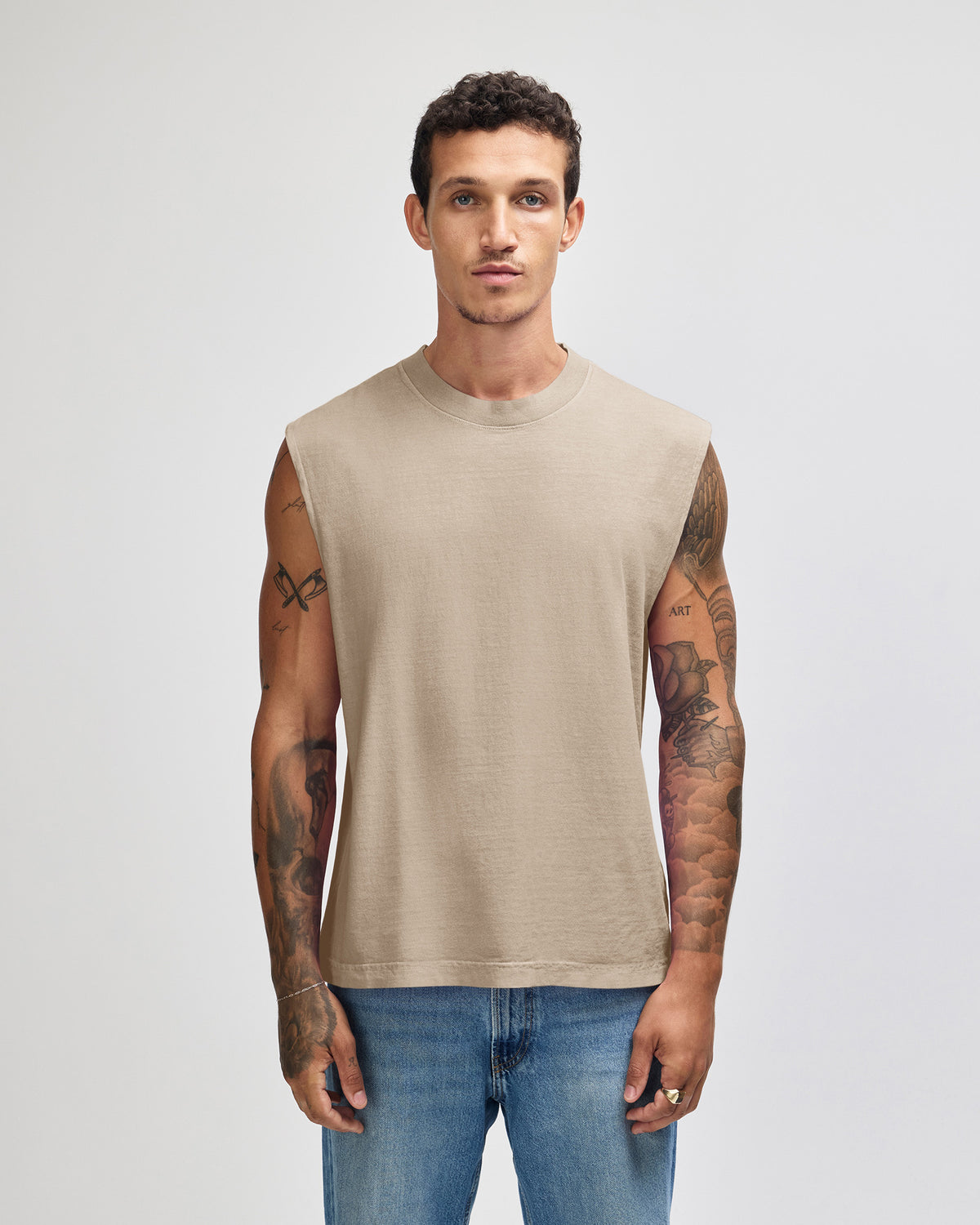 American Apparel Heavyweight Cotton Unisex Garment Dyed Boxy Muscle T-Shirt - Faded Bone