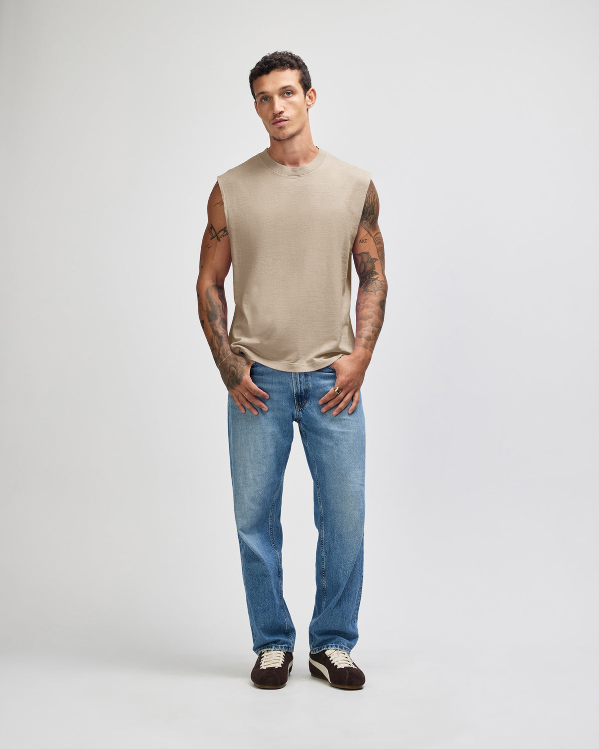 American Apparel Heavyweight Cotton Unisex Garment Dyed Boxy Muscle T-Shirt - Faded Bone