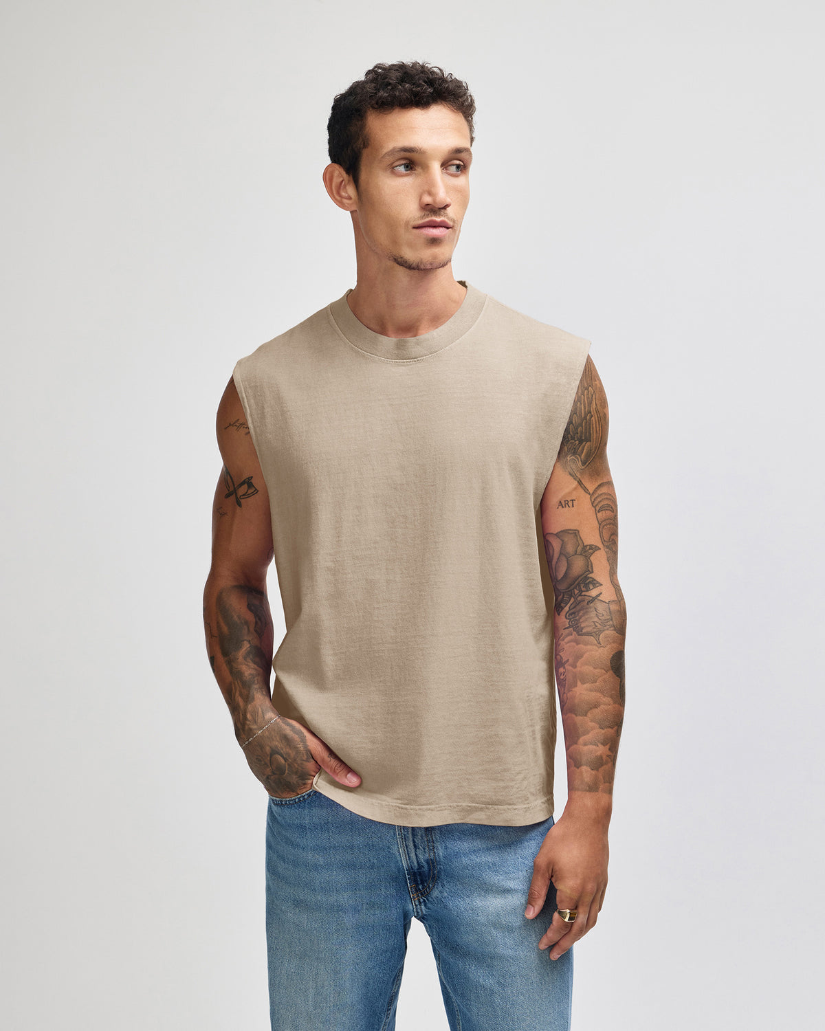 American Apparel Heavyweight Cotton Unisex Garment Dyed Boxy Muscle T-Shirt - Faded Bone