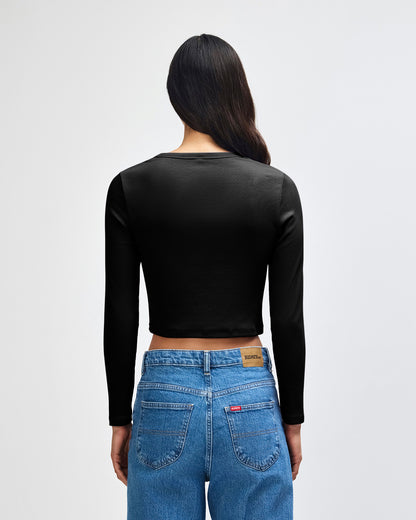 American Apparel Baby Rib Women's LS Crop Fitted T-Shirt - Black