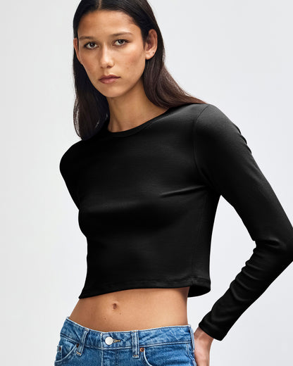 American Apparel Baby Rib Women's LS Crop Fitted T-Shirt - Black