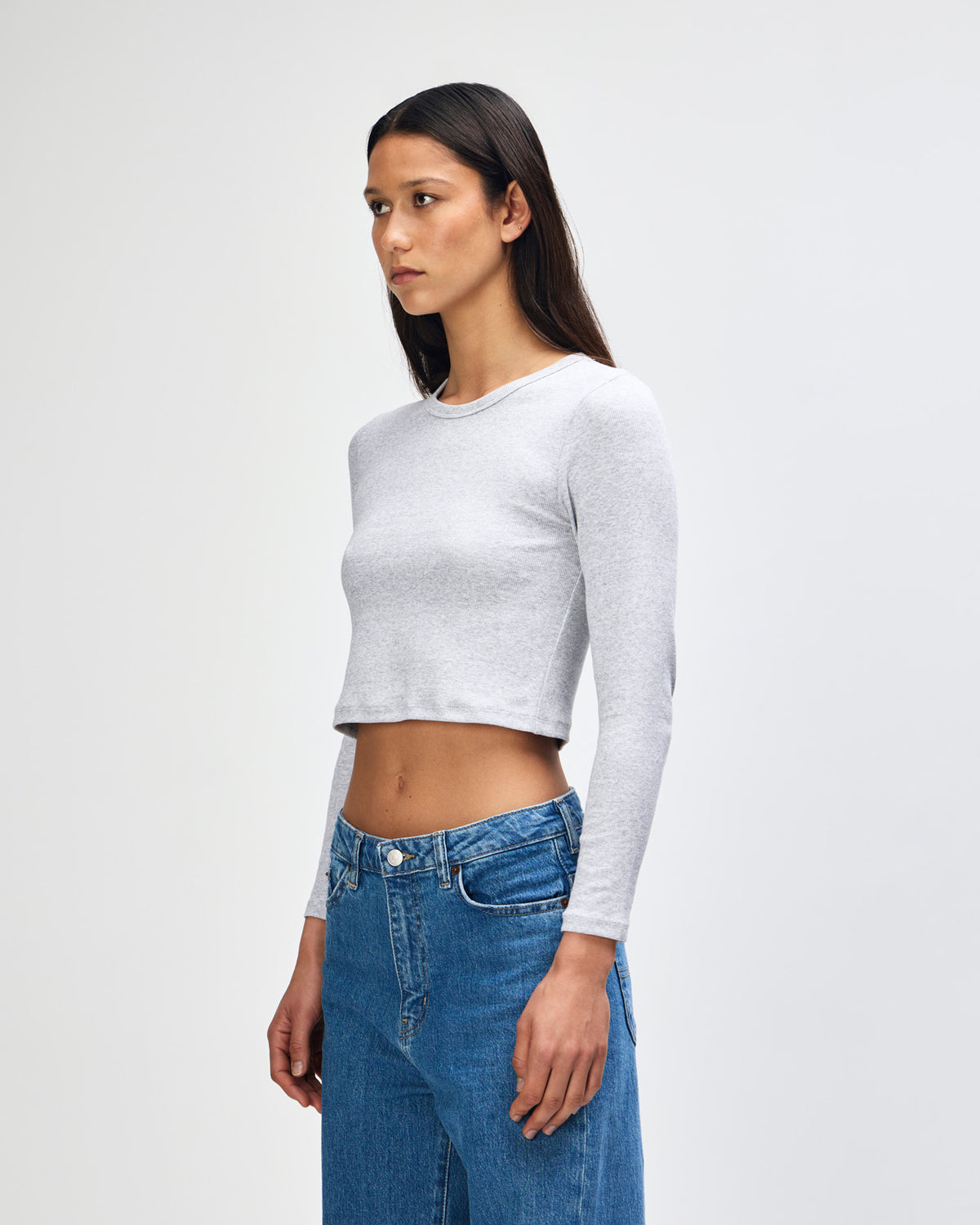 American Apparel Baby Rib Women's LS Crop Fitted T-Shirt - Heather Grey