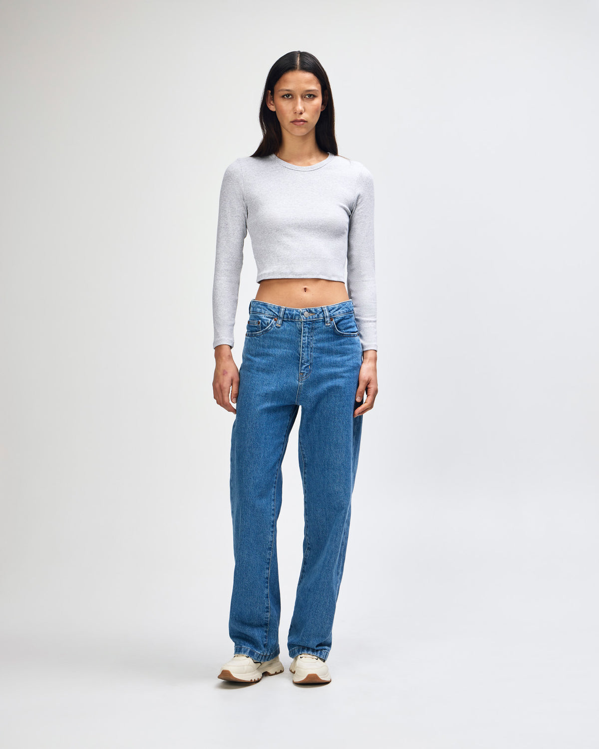 American Apparel Baby Rib Women's LS Crop Fitted T-Shirt - Heather Grey