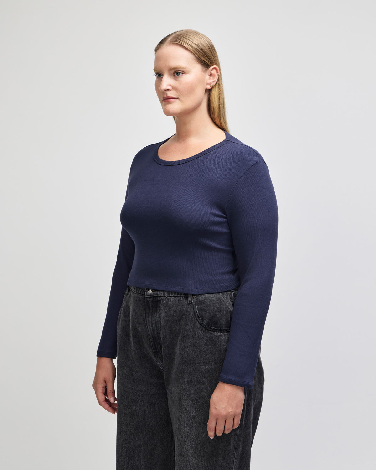 American Apparel Baby Rib Women's LS Crop Fitted T-Shirt - Navy