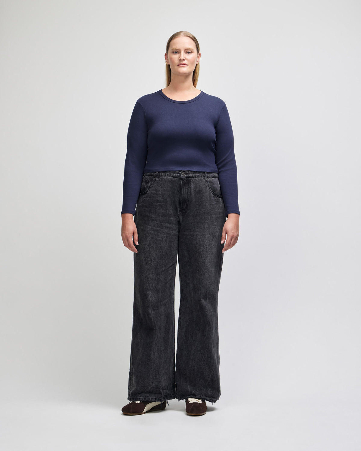 American Apparel Baby Rib Women's LS Crop Fitted T-Shirt - Navy