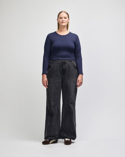 American Apparel Baby Rib Women's LS Crop Fitted T-Shirt - Navy