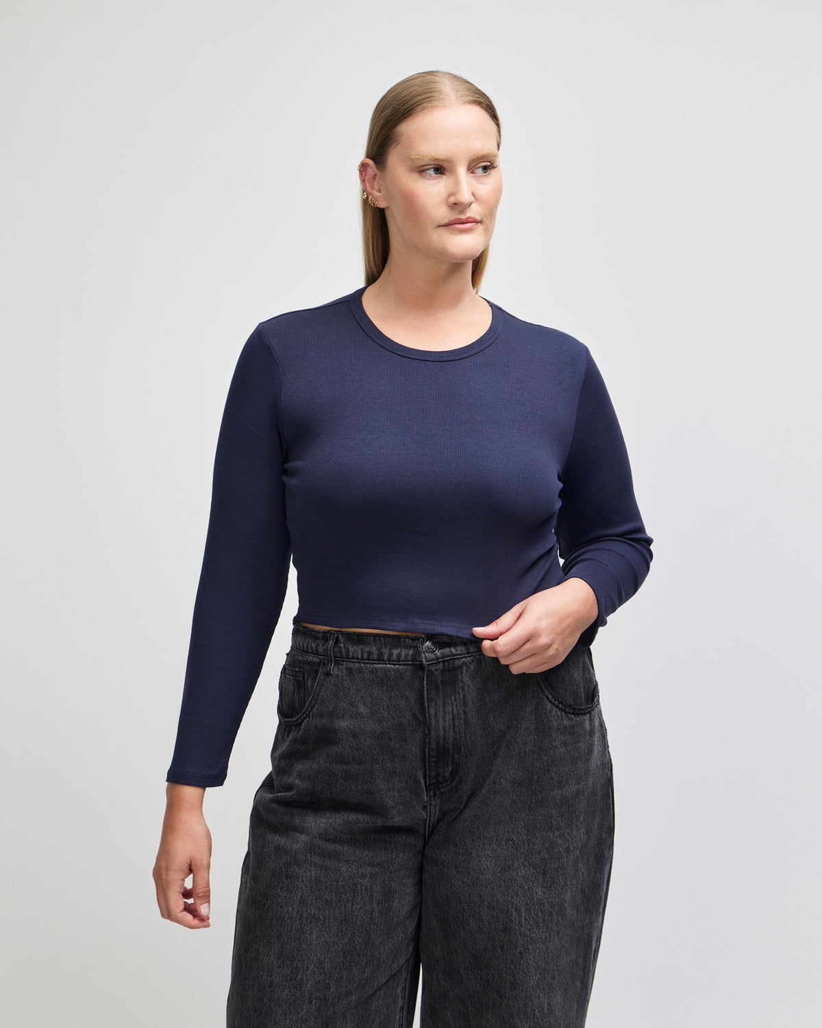American Apparel Baby Rib Women's LS Crop Fitted T-Shirt - Navy