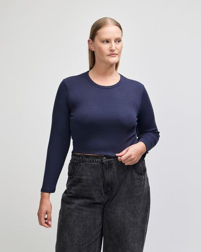 American Apparel Baby Rib Women's LS Crop Fitted T-Shirt - Navy