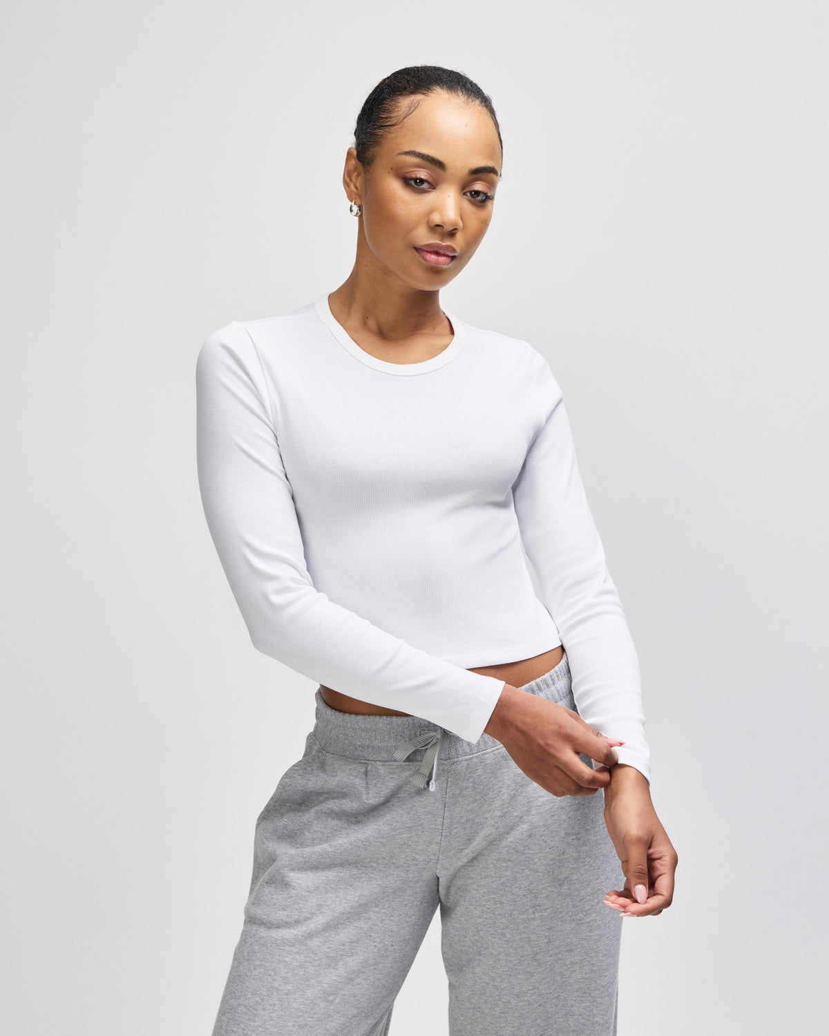 American Apparel Baby Rib Women's LS Crop Fitted T-Shirt - White
