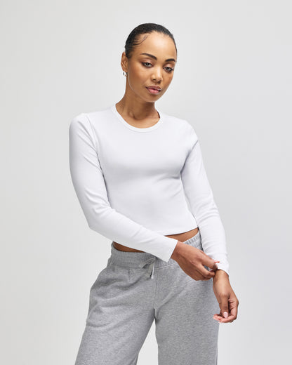 American Apparel Baby Rib Women's LS Crop Fitted T-Shirt - White