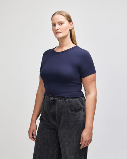 American Apparel Baby Rib Women's Crop Fitted T-Shirt - Navy